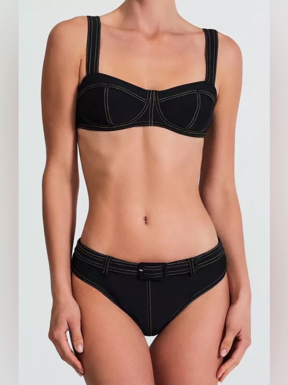 devon windsor julia jade black topstitch belted bikini bra top embroidered